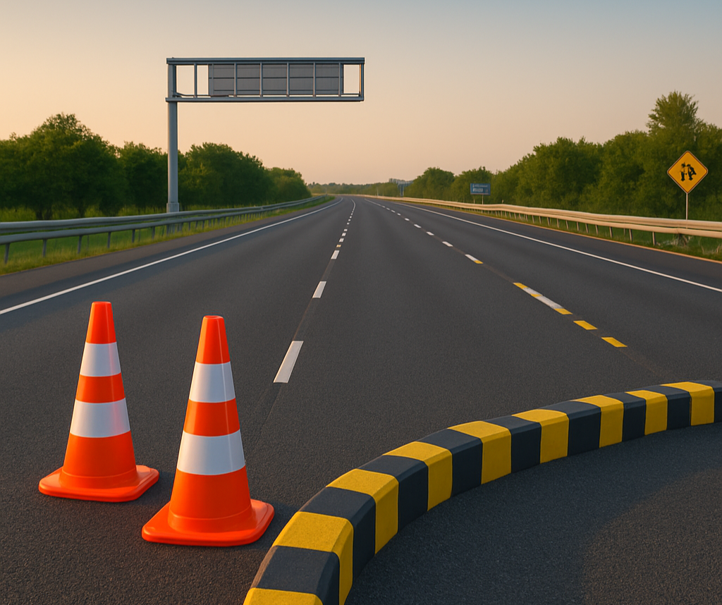 Highway road safety infrastructure with guardrails, road markings, and overhead gantry signs